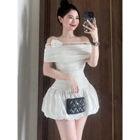 Đầm thun cúp ngực ngang vai kèm nơ hoa, chân váy phồng có quần bảo bộ bên trong