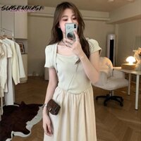 Đầm Thun Dài Cổ Vuông Màu Sắc Retro Dành Cho Nữ