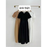 Đầm thun dài phối kate lụa