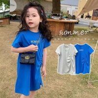 Đầm Thun Dài Xẻ Tà Tay Ngắn Cổ Tròn In Chữ Phong Cách Hàn Quốc Cho Nữ