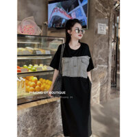 Đầm thun dáng suông dài phối jean ngực tay ngắn thời trang