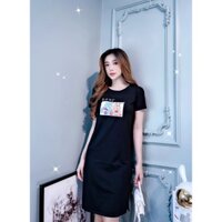 Đầm thun dáng suông form dài xẻ tà in chữ form dưới 60kg GẤU BEAR MÀU ĐEN