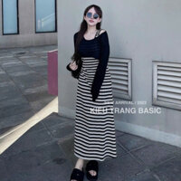 Đầm Thun Gân 2 Dây Dài, Kẻ Sọc - Kèm Khoác Trắng Đen