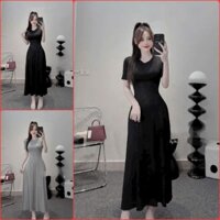 Đầm thun gân dáng dài thời trang nữ đầm ngắn tay cổ tròn váy xòe 2 màu đen xám,