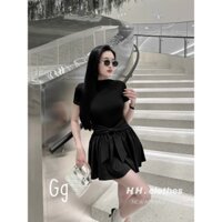 Đầm thun gân đen tay ngắn phối tà voan buộc nơ lưng giá hạt dẻ