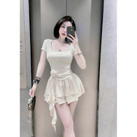 Đầm thun gân ngắn tay váy ngan xoe tang nhun eo dinh bong kem quan