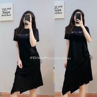Đầm thun in chữ rút dây bên sườn