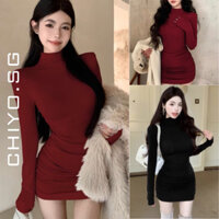 Đầm thun ôm body cổ lọ nhún hông tay xỏ ngón CHIYO.SG phong cách thu đông noel D392