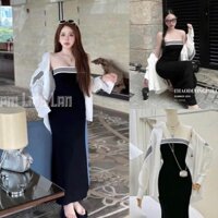 Đầm Thun Ôm Body Kèm Áo Khoác Sơ Mi Trắng Kẻ Sọc Freesize Dưới 55kG