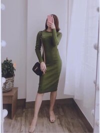 ĐẦM THUN ÔM CỔ TRÒN TAY DÀI -  rêu