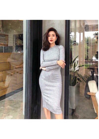 ĐẦM THUN ÔM CỔ TRÒN TAY DÀI -  xám
