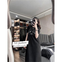 Đầm thun suông cổ tròn tay ngắn đính đá miu miu dáng dài qua gối thoáng mát trẻ trung đáng yêu