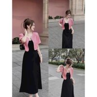 Đầm thun tăm lạnh áo lennin đính phụ kiện thời trang nữ đầm dài 2 dây khoác tay ngắn phối túi hộp cổ tròn