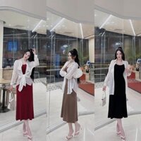 Đầm thun tăm lạnh kèm áo khoác tơ mặc đi chơi biển 3 màu y hình,