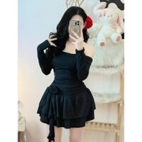 Đầm thun tăm trễ vai tay dài nhún eo đính hoa phối tua rua siêu xinh