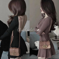 Đầm thun trơn basic tay dài cổ tròn hở lưng sẵn mút ngắn trên gối dáng xòe -Chuchaclothing