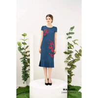 Đầm tiệc xanh in hoa hồng suông ít chân xếp