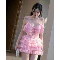 Đầm tiểu thư 2 dây bèo tầng dáng ngắn, Váy thiết kế thắt dây ngực chân váy xòe đi chơi đi biển