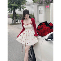 đầm tiểu thư 2 dây phối cardigan đỏ