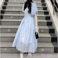 đầm tiểu thư cổ tròn tay bồng dáng dài chất voan tơ