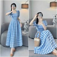 Đầm tiểu thư cổ vuông caro xước dáng dài tay ngắn phồng xinh xắn dịu dàng