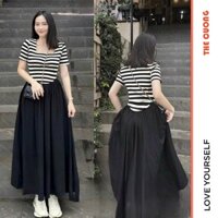 ĐẦM TIỂU THƯ CỘC TAY CỔ VUÔNG PHỐI MÀU KẺ ĐEN TRẮNG TRẺ TRUNG CHÂN VÁY ĐŨI TƠ MỀM MẠI X233 VÁY BẦU THỜI TRANG