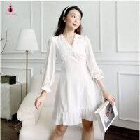 Đầm tiểu thư dài tay cổ V bèo đuôi cá, đầm dự tiệc trắng 2 lớp