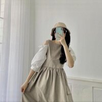 Đầm Tiểu Thư Khoét Vai - Váy Babydoll Nữ Tay Phối Màu Dáng Lỡ Hàng loại 1