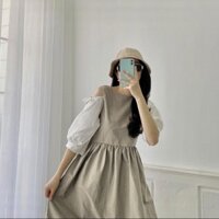 Đầm tiểu thư khoét vai váy Babydoll nữ tay phối màu dáng lỡ duyên dáng Q026