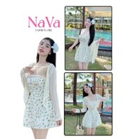 Đầm Tiểu Thư Mặc Đi Biển Vải Xô Thêu Hoa Nhí 2 Lớp Nhún Sau Lưng, Thắt Bím Nơ ( CÓ MÚT+ LÓT QUẦN ) Kèm Áo Khoác Ren