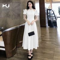 Đầm tiểu thư midi dress trắng dáng xòe dự tiệc nơ cổ xinh đẹp