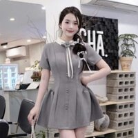 đầm tiểu thư sang chảnh,váy basic hàn quốc phối cổ sen đính nơ hoa kèm quần bảo hộ C304