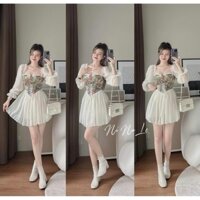 Đầm tiểu thư tay dài phối corset thắt dây ngực dáng xòe xếp ly phong cách cổ điển xinh xắn (có mút và lót)