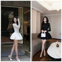 Đầm tiểu thư thiết kế thời trang chất ren phối tapta cổ tròn tay dài kèm quần rời dáng váy ngắn xoè