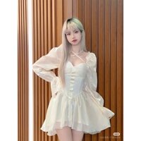 Đầm Tiểu Thư Trễ Vai Phong Cách Vintage Lãng Mạn, Váy Trắng Dự Tiệc Dáng Xòe Phối Corset Sang Chảnh TuDoNhaMi
