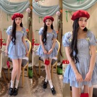 Đầm tiểu thư viền ren 2 tầng xoè đính nơ ngọt ngào, váy tiểu thư tay bồng dáng xòe