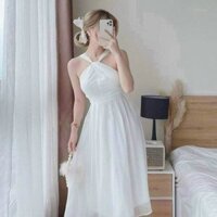 ĐẦM TIỂU THƯ VOAN LỤA CỔ CHÉO DÁNG DÀI MÀU TRẮNG  V71 - HAKA MÂY