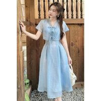 Đầm Tiểu Thư Voan Tơ Nến Màu Xanh Baby Chất Mềm Mịn Áo Cổ V Tay Ngắn Phối Dây Nơ Chân Váy Xòe Maxi Xinh Xắn