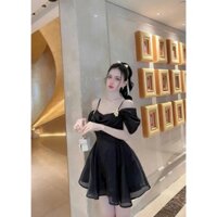 Đầm tơ ánh kim kèm phụ kiện ( có lót ) trễ vai xếp ly2 dây tiểu thư thích hợp các buổi tiệc đi chơi cùng bạn bè