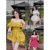 Đầm tơ dáng ngắn xoè trễ vai nhún bèo hai lớp eo đính bông hoa ba màu tươi sáng tôn da cho bạn nữ