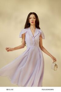 ĐẦM TƠ NHĂN TÍM CỔ VEST TAY CAPE