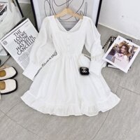 ĐẦM TRẮNG CHÂN BÈO NÚT CỔ VUÔNG TAY DÀI BO