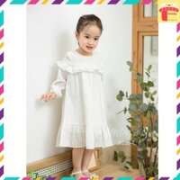 Đầm trắng cho bé gái 1-10 tuổi vai diềm bèo đuôi cá, Váy dài tay trẻ em vải thô boil dày dặn mềm mại kiểu dáng điệu đà