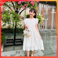 Đầm trắng cho bé gái, Váy hè trẻ em 2-10 tuổi thêu hoa ren vải boil nhẹ hàng thiết kế kiểu dáng điệu đà