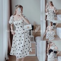 Đầm trắng cổ vuông dáng xòe cột nơ lưng đi chơi dự tiệc Nahouse váy tiểu thư voan tim tay phồng thiết kế đẹp và xinh xắn