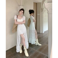 Đầm Trắng Dáng Dài Cổ Vuông Tay Phồng Phối Dây Rút Thời Trang Kiểu Pháp Xinh Xắn Cho Nữ_Hàng Order QCCC