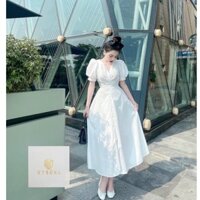 ĐẦM TRẮNG DÁNG DÀI XOẮN NHÚN NGỰC TAY BỒNG KÍN ĐÁO THANH LỊCH