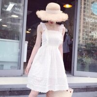 Đầm trắng dáng xòe hai dây lai ren công chúa xinh xắn kèm ảnh thật