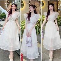 Đầm trắng đi tiệc Đầm trắng voan chiffon dáng xòe dập ly xinh xắn phối họa tiết bướm quá sang trọng