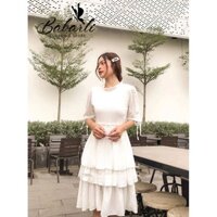 Đầm trắng dự tiệc xòe 3 tầng tay lỡ siêu xinh